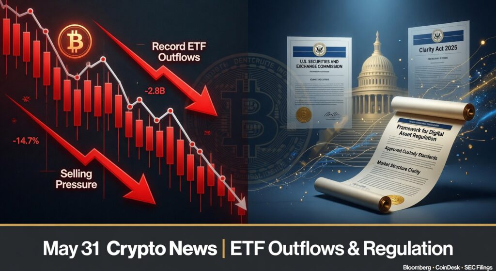 タイトル: 【5月31日】暗号資産ニュースまとめ｜Bitcoin ETF記録的流出とClarity Act進展