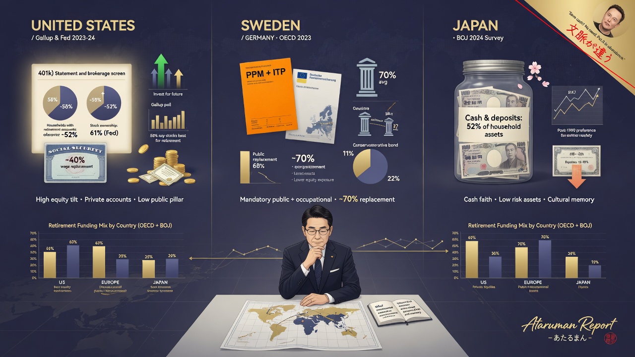 国際比較：他国の老後資金観（米国投資文化 vs 欧州社会保障 vs 日本）イメージ