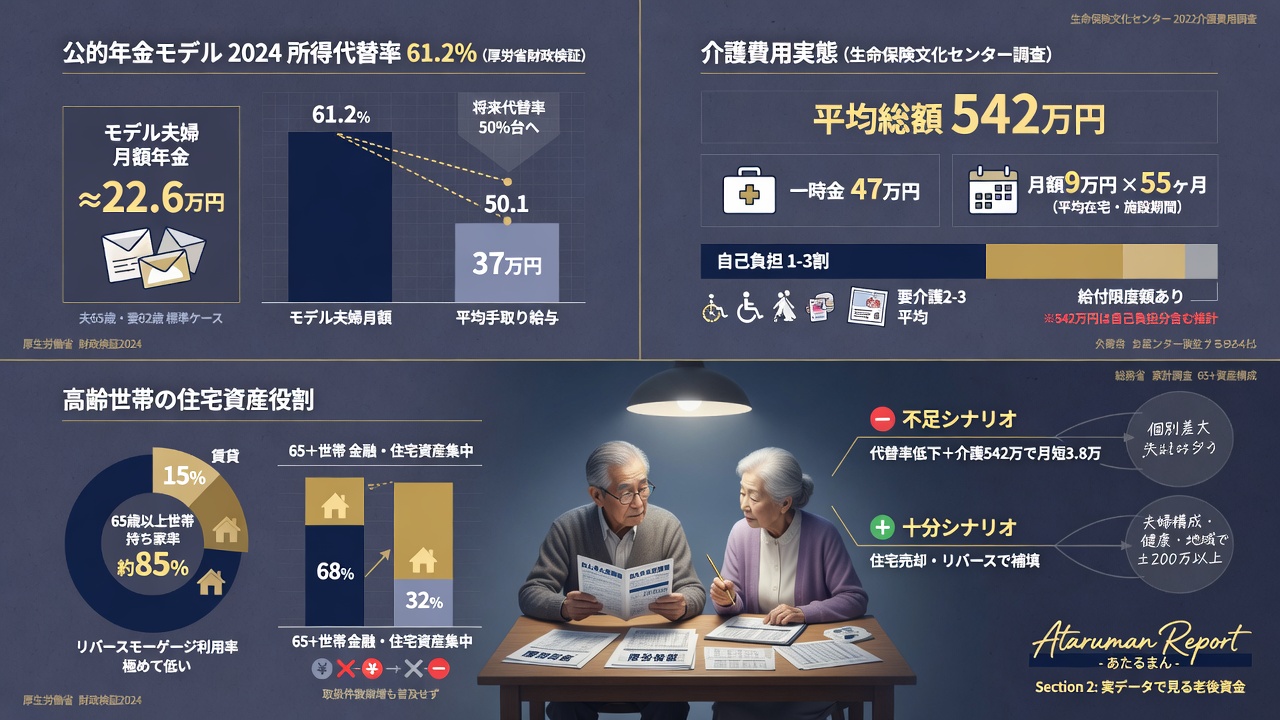 老後資金の実態データ（年金・介護・住宅資産）イメージ
