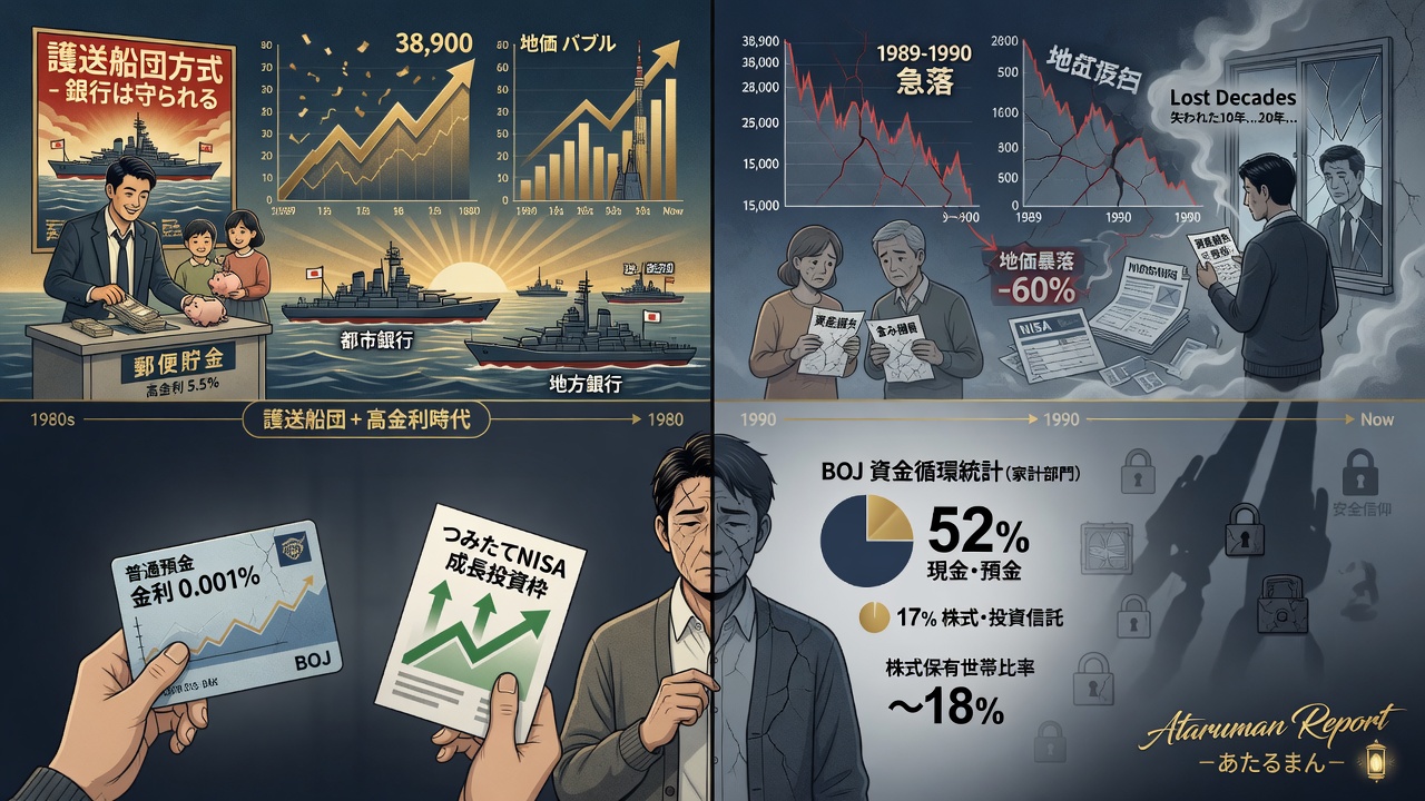 日本特有の貯金信仰と株式回避の歴史的背景イメージ